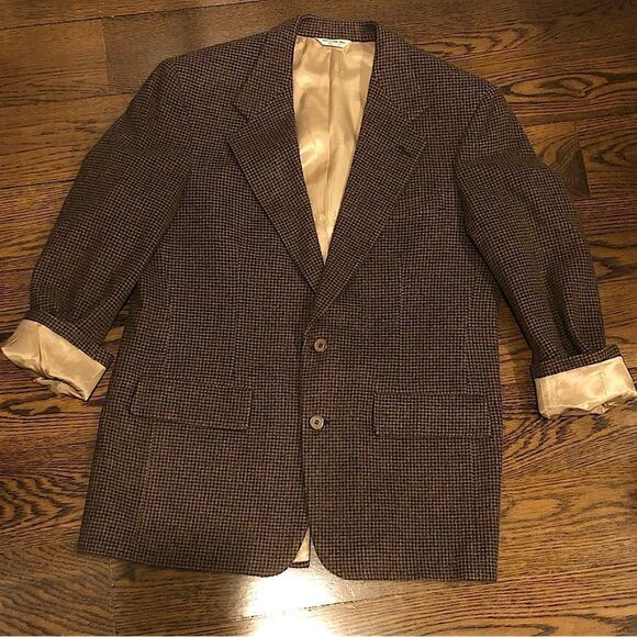 SAKS FIFTH AVENUE Men’s Houndstooth Camel Hair Brown and Black Blazer Sz 44R - Picture 6 of 13